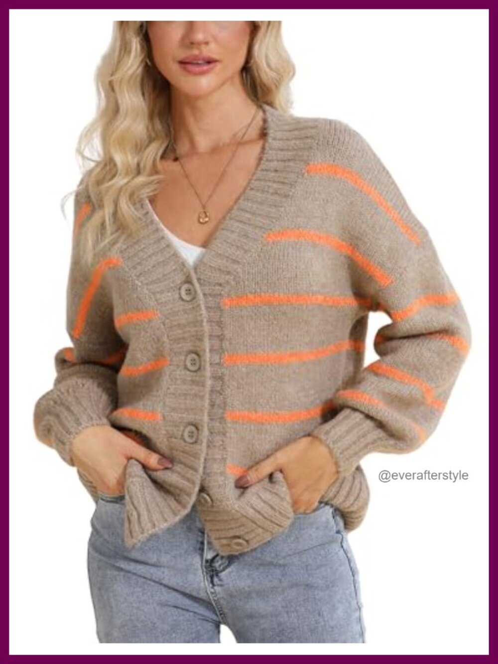 Womens Oversized Striped V-Neck Button Down Knit Cardigan Sweater